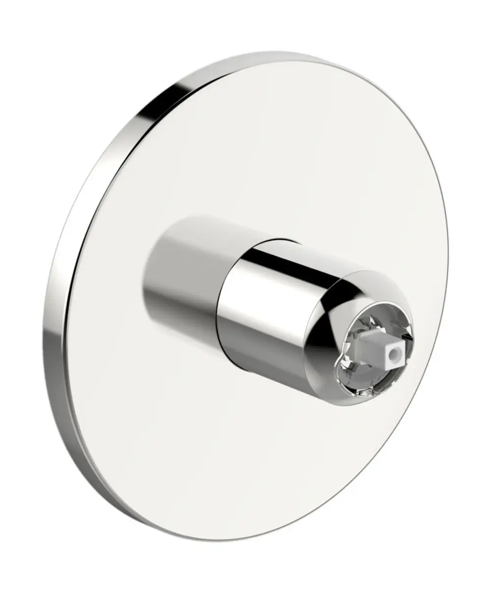 Runde Rosette aus verchromtem Metall mit einem zentralen Anschluss für eine Brausebatterie, hergestellt von HANSA.